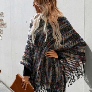 High Neck Fringe Hem Knit Poncho